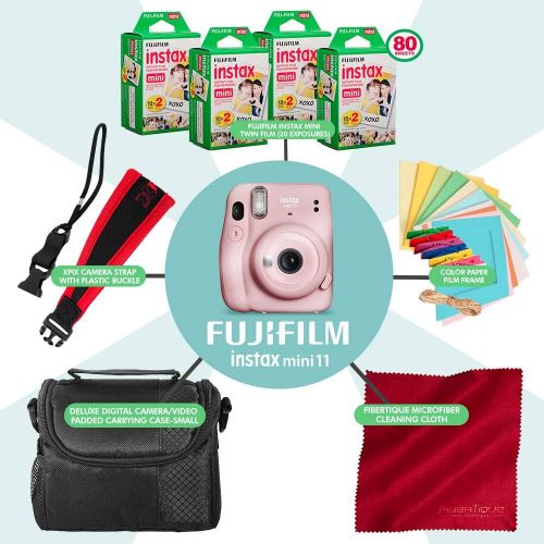 후지필름 FUJIFILM INSTAX Mini 11 Instant Film Camera (Blush Pink) + ACCESSORY BUNDLE THAT INCLUDES 4X Fujifilm Instax Mini Twin Film (80 Exposures), Camera Carrying Case, Camera Strap & Fun
