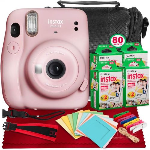 후지필름 FUJIFILM INSTAX Mini 11 Instant Film Camera (Blush Pink) + ACCESSORY BUNDLE THAT INCLUDES 4X Fujifilm Instax Mini Twin Film (80 Exposures), Camera Carrying Case, Camera Strap & Fun