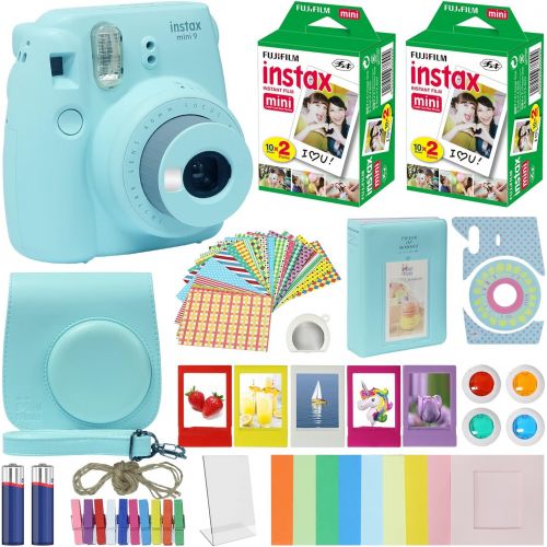 후지필름 Fuji Instax Mini 9 Instant Camera ICE Blue w/Case + Fuji Instax Film Value Pack (40 Sheets) for Fujifilm Instax Mini 9 Camera + Accessories, Color Filters, Photo Album, Selfie Lens