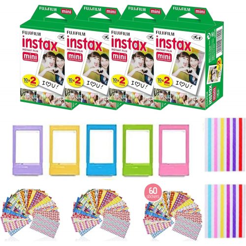후지필름 Fujifilm Instax Mini Instant Film (4 Pack, 80 Sheets) 5 Plastic Desk Frames + 60 Sticker Frames + 2 Packs Corner Stickers