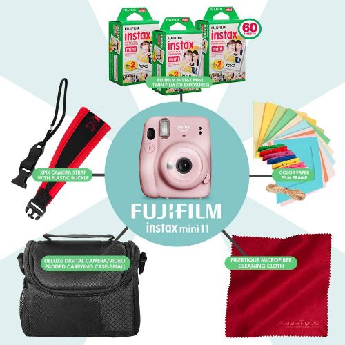 후지필름 FUJIFILM INSTAX Mini 11 Instant Film Camera (Blush Pink) + ACCESSORY BUNDLE THAT INCLUDES 3x Fujifilm Instax Mini Twin Film (60 Exposures), Camera Carrying Case, Camera Strap & Fun