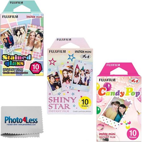 후지필름 Fujifilm Fuji Instax Mini Stained Glass Instant Film, (10 Sheets) + Fuji Instax Mini Candy Pop Instant Film - (10 Sheets) + Fuji Instax Mini Shiny Star Instant Film - (10 Sheets)