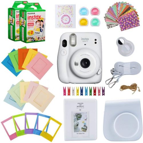 후지필름 Fujifilm Instax Mini 11 Instant Camera (Ice White) Bundle with Case, 2X Fuji Instax Mini Instant Film Twin Pack - 40 Sheets (White), Color Filters, Stickers, Frames, Photo Album an