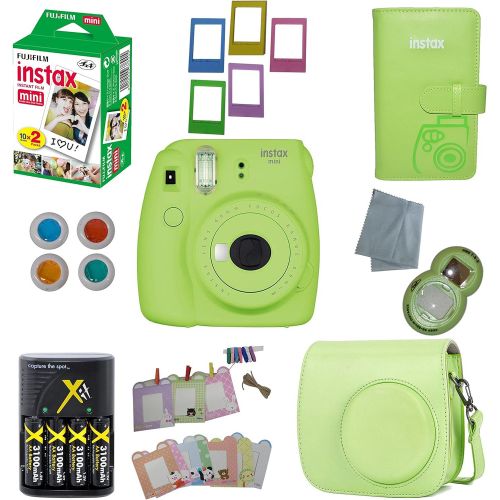 후지필름 Fujifilm Instax Mini 9 Instant Camera ? 10 Pack Accessory Camera Bundle ? 20 Instax Film ? Camera Case ? Instax leather Album - 4 AA Rechargeable Batteries & Charger - And Much Mor