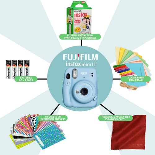 후지필름 FUJIFILM INSTAX Mini 11 Instant Film Camera (Sky Blue) with Fujifilm Instax Mini Twin Film (20 Exposures) and Accessories Bundle