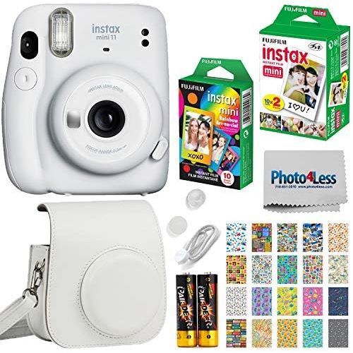 후지필름 Fujifilm Instax Mini 11 Instant Camera - Ice White (16654798) + Fujifilm Instax Mini Twin Pack Instant Film (16437396) + Single Pack Rainbow Film + Case + Travel Stickers