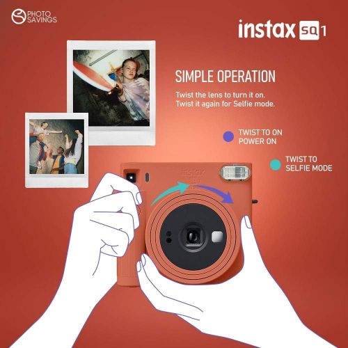 후지필름 Fujifilm Instax SQ1 Instant Camera (Terracotta Orange) w/ Deluxe Accessories Bundle w/Padded Carrying Case, Instax Square Instant Film (20 Exposures), Square Black Instant Film (10