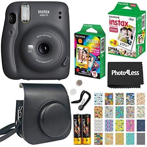 후지필름 Fujifilm Instax Mini 11 Instant Camera - Charcoal Grey (16654786) + Fujifilm Instax Mini Twin Pack Instant Film (16437396) + Single Pack Rainbow Film + Case + Travel Stickers