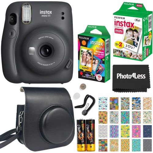 후지필름 Fujifilm Instax Mini 11 Instant Camera - Charcoal Grey (16654786) + Fujifilm Instax Mini Twin Pack Instant Film (16437396) + Single Pack Rainbow Film + Case + Travel Stickers