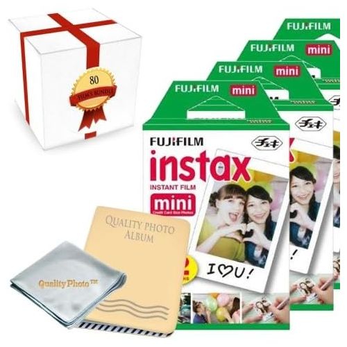 후지필름 Fujifilm INSTAX Mini Instant Film 8 Pack (80 Films) for All fujifilm Mini Instant Cameras - Photo Album - Microfiber Cloth - ~ Gift Packaging ~