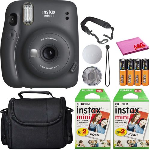 후지필름 Fujifilm Instax Mini 11 Instant Camera (Charcoal Gray) (16654786) Essential Bundle -Includes- (40) Instax Mini Instant Films + Carrying Case + Batteries + Neck Strap