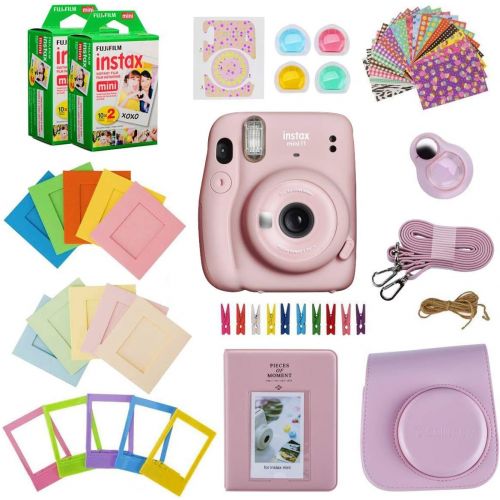 후지필름 Fujifilm Instax Mini 11 Instant Camera (Blush Pink) Bundle with Case, 2X Fuji Instax Mini Instant Film Twin Pack - 40 Sheets (White), Color Filters, Stickers, Frames, Photo Album a