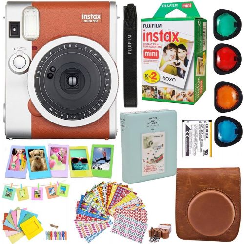 후지필름 Fujifilm Instax Mini 90 Neo Classic Instant Film Camera (Brown) + Fuji Instax Film Twin Pack (20PK) + Accessories Kit/Bundle + Fitted Case + 4 Filter Lens + Frames + Photo Album +