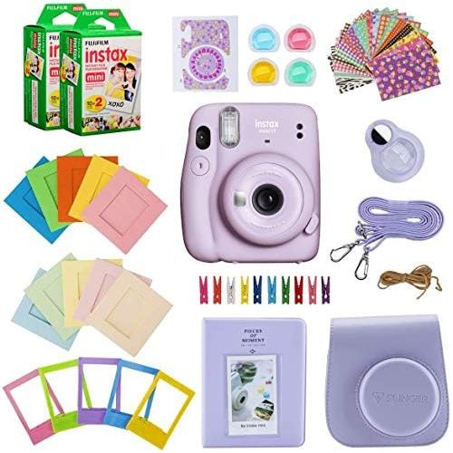 후지필름 Fujifilm Instax Mini 11 Instant Camera (Lilac Purple) Bundle with Case, 2X Fuji Instax Mini Instant Film Twin Pack - 40 Sheets (White), Color Filters, Stickers, Frames, Photo Album