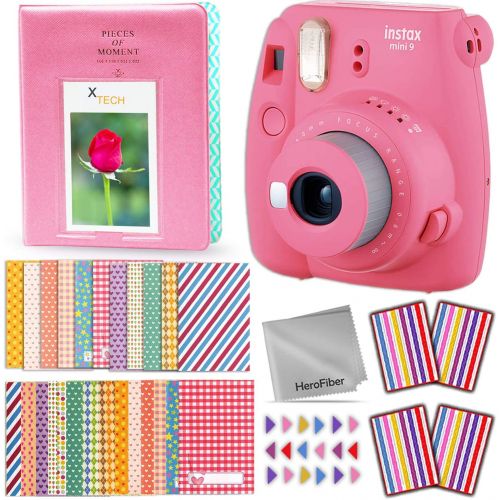 후지필름 FujiFilm Instax Mini 9 Instant Camera (Flamingo Pink) + Accessories Kit Includes: 64 Pocket Photo Album, 60 Colorful Sticker Frames, Corner Stickers, HeroFiber Cloth + Accessory Bu