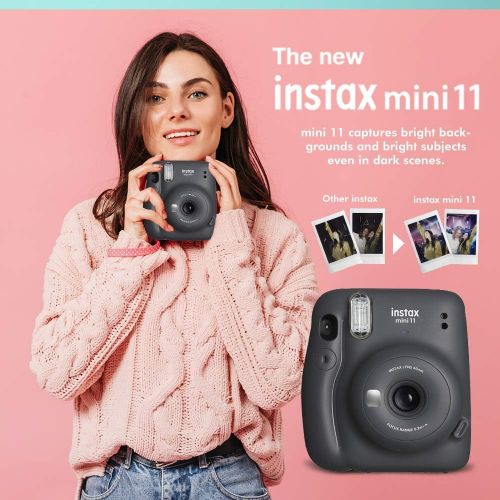 후지필름 FUJIFILM INSTAX Mini 11 Instant Film Camera (Charcoal Gray) + Fujifilm Instax Mini Twin Film (20 Exposures), Camera Carrying Case, Xpix Camera Strap & Funky Film Frames