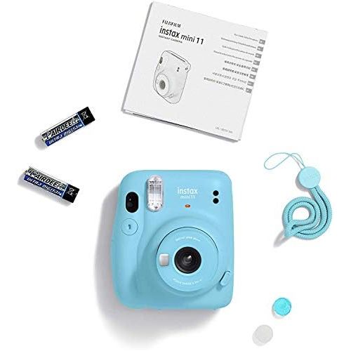 후지필름 Fujifilm Instax Mini 11 Instant Camera (Sky Blue) Bundle with Case, 2X Fuji Instax Mini Instant Film Twin Pack - 40 Sheets (White), Color Filters, Stickers, Frames, Photo Album and
