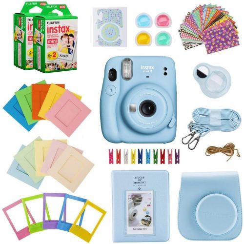 후지필름 Fujifilm Instax Mini 11 Instant Camera (Sky Blue) Bundle with Case, 2X Fuji Instax Mini Instant Film Twin Pack - 40 Sheets (White), Color Filters, Stickers, Frames, Photo Album and