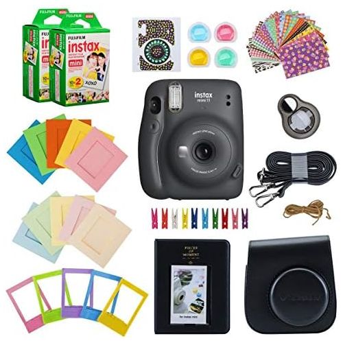 후지필름 Fujifilm Instax Mini 11 Instant Camera (Charcoal Gray) Bundle with Case, 2X Fuji Instax Mini Instant Film Twin Pack - 40 Sheets (White), Color Filters, Stickers, Frames, Photo Albu