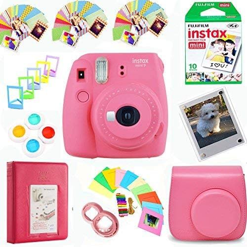 후지필름 Fujifilm Instax Mini 9 Film Camera (Flamingo Pink) + Film Pack(10 Shots) + Pleather Case + Filters + Selfie Lens + Album + Frames & Stick-on Frames Exclusive Instax Design Bundle