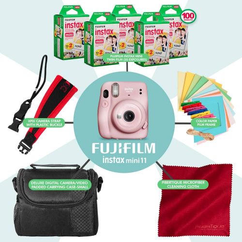 후지필름 FUJIFILM INSTAX Mini 11 Instant Film Camera (Blush Pink) + ACCESSORY BUNDLE THAT INCLUDES 5X Fujifilm Instax Mini Twin Film (100 Exposures), Camera Carrying Case, Camera Strap & Fu