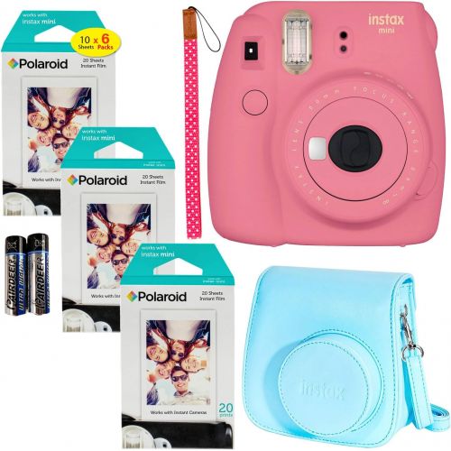 후지필름 Fujifilm Instax Mini 9 Instant Camera (Flamingo Pink), 6 Single Pack Instant Film (60 Sheets), and Instax (Light Blue) Groovy Case Bundle