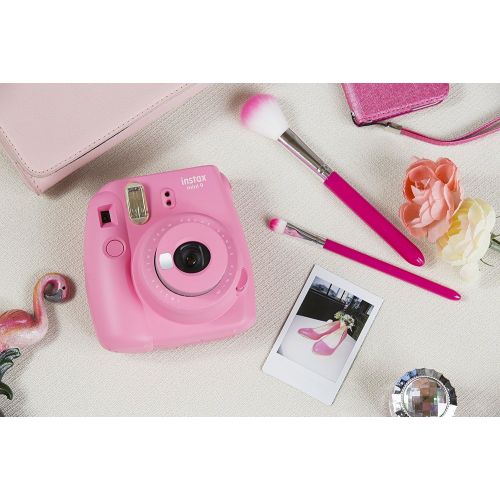 후지필름 Fujifilm Instax Mini 9 Instant Camera (Flamingo Pink), 6 Single Pack Instant Film (60 Sheets), and Instax (Light Blue) Groovy Case Bundle
