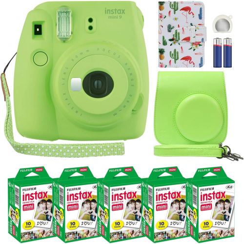 후지필름 Fujifilm Fuji Instax Mini 9 Instant Camera Lime Green with Custom Case + Fuji Instax Film Value Pack (50 Sheets) Flamingo Designer Photo Album for Fuji instax Mini 9 Photos