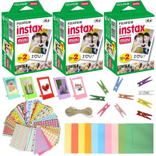 후지필름 Fujifilm Instax Mini Instant Film (3 Pack, 60 Sheets) 5 Plastic Desk Frames + 10 Paper Frames Plus 60 Sticker Frames