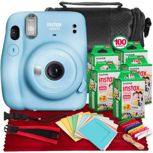 후지필름 FUJIFILM INSTAX Mini 11 Instant Camera (Sky Blue) + ACCESSORY BUNDLE THAT INCLUDES 5X Fujifilm Instax Mini Twin Film (100 Exposures), Camera Carrying Case, Camera Strap & Funky Fil