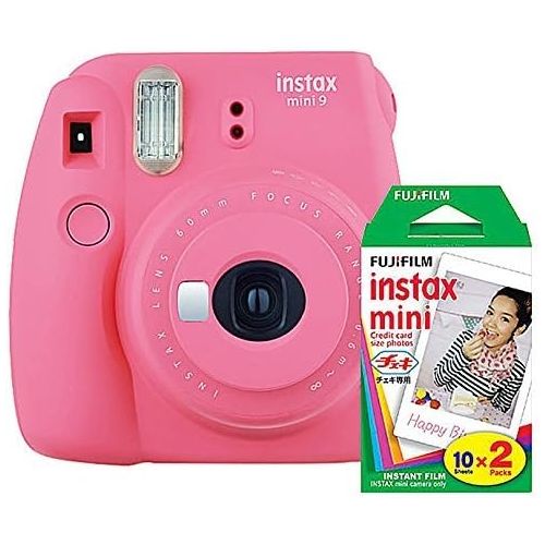 후지필름 Fujifilm instax Mini 9 Instant Camera (Flamingo Pink) and instax Film Twin Pack (20 Exposures) Bundle Pink