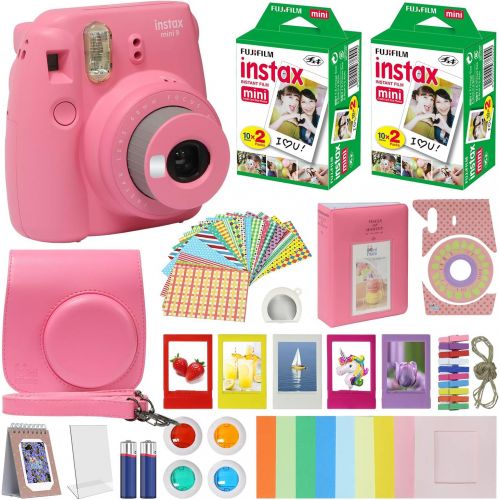 후지필름 Fujifilm Instax Mini 9 Instant Kids Camera Flamingo Pink with Custom Case + Fuji Instax Film Value Pack (40 Sheets) Accessories Bundle, Color Filters, Photo Album, Assorted Frames,