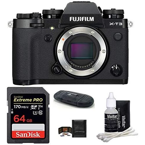 후지필름 FUJIFILM X-T3 Mirrorless Digital Camera Body (Black) Bundle, Includes: SanDisk 64GB Extreme PRP SDXC Memory Card, Card Reader, Memory Card Wallet and Lens Cleaning Kit
