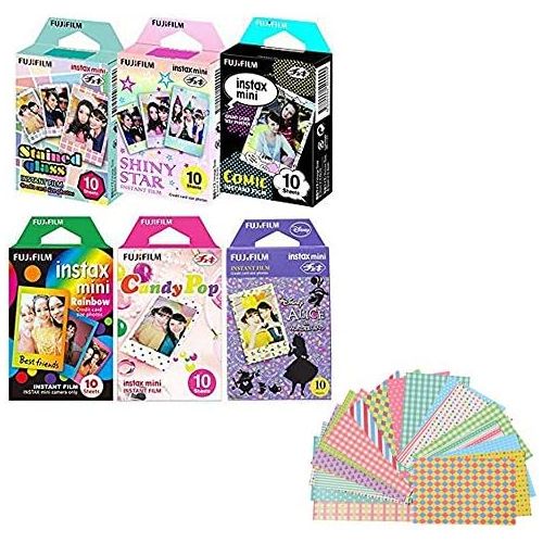 후지필름 Fujifilm Instax Mini Film 6 Pack Bundle! Rainbow, Candy Pop, Disney Alice, Stained Glass, Shiny Star, Comic 10 X 6 = 60 Sheets Assort Set Stickers