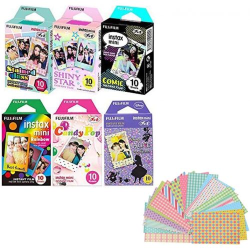 후지필름 Fujifilm Instax Mini Film 6 Pack Bundle! Rainbow, Candy Pop, Disney Alice, Stained Glass, Shiny Star, Comic 10 X 6 = 60 Sheets Assort Set Stickers