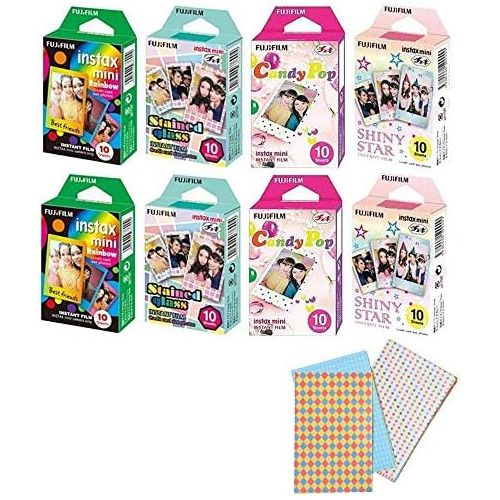 후지필름 Fujifilm Instax Mini 8 Pack BUNDLE Rainbow, Stained Glass, Candy Pop, Shiny Star Single pack 10 sheets X 8 Pack = 80 Sheets