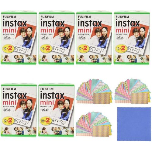 후지필름 Fujifilm Instax Mini Instant Film, 2x10 Shoots x6 Pack (Total 120 Shoots) + withC Microfiber Cleaning Cloth+ Free 60PCS Sticker for Fuji Mini 90 8 70 7s 50s 25 300 Camera SP-1 Prin