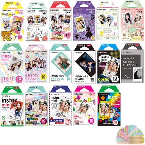 후지필름 Fujifilm Instax Mini Instant Film 17 Set, Sky Blue, Black, Single, Monochrome, Candy pop, Stained Glass, Shiny Star, Rainbow, Comic, Airmail, Stripe, 6 Character + Sticker