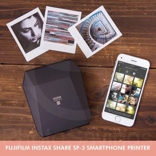 후지필름 Fujifilm Instax Share SP-3 Smartphone Printer (Black) with 20 Sheets of Instant Square Film with Basic Bundle (USA Warrantty)