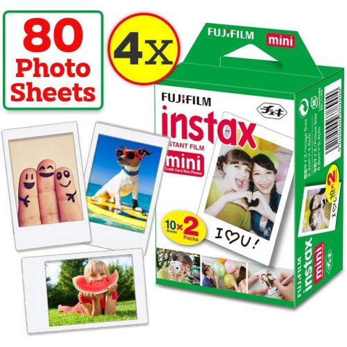 후지필름 HeroFiber FujiFilm Instax Mini Instant Film 4 Pack (4 x 20) Total of 80 Sheets + 120 Assorted Colorful Mini Photo Stickers - Compatible with FujiFilm Instax Mini 9, Mini 8, Mini 25, Mini 90,