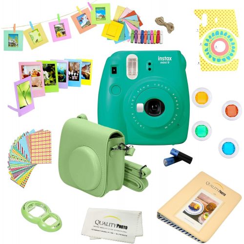 후지필름 Fujifilm Instax Mini 9 Camera + 14 PC Instax Accessories kit Bundle, Includes; Instax Case + Album + Frames & Stickers + Lens Filters + MORE (Ice Blue)