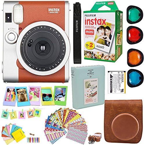 후지필름 Abesons Fujifilm Instax Mini 90 Neo Classic Instant Film Camera (Brown) + Fuji Instax Film Twin Pack (20PK) + Accessories Kit  Bundle + Fitted Case + 4 Filter Lens + Frames + Photo Album