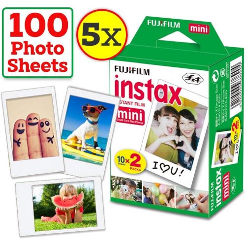 후지필름 HeroFiber FujiFilm Instax Mini Instant Film 5 Pack (5 x 20) Total of 100 Sheets + 120 Assorted Colorful Mini Photo Stickers - Compatible with FujiFilm Instax Mini 9, Mini 8, Mini 25, Mini 90