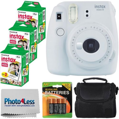 후지필름 Fujifilm instax mini 9 Instant Film Camera (Smokey White) + Fujifilm Instax Mini Twin Pack Instant Film (60 Shots) + Compact Camera Case + 4 AA Batteries + Cleaning Cloth - Full Ac