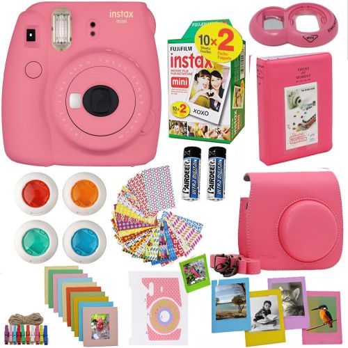 후지필름 Abesons Fujifilm Instax Mini 9 Instant Camera Flamingo Pink + Fuji Instax Film Twin Pack (20PK) + Camera Case + Frames + Photo Album + 4 Color Filters and More Top Accessories Bundle