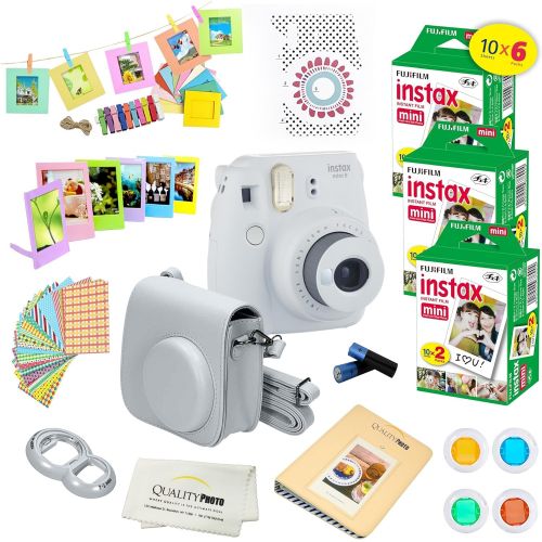 후지필름 Fujifilm Instax Mini 9 Instant Camera SMOKEY WHITE w Fujifilm Instax Mini 9 Instant Films (60 Pack) + A14 Pc Deluxe Bundle For Fujifilm Instax Mini 9 Camera