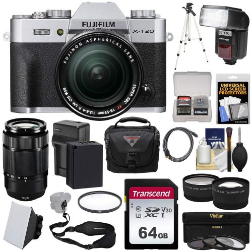 후지필름 Fujifilm X-T20 Wi-Fi Digital Camera & 18-55mm XF (Silver) 50-230mm Lens + 64GB Card + Battery + Case + Flash + Tripod + TeleWide Lens Kit