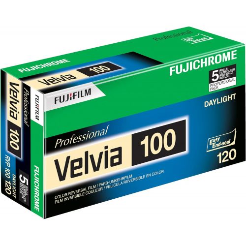 후지필름 Fujifilm 16326107 Fujichrome Velvia 120mm 100 Color Slide Film ISO 100 - 5 Roll Pro Pack (GreenWhitePurple)