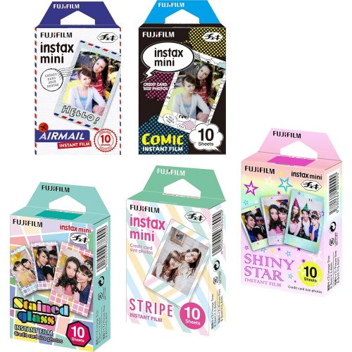 후지필름 Fujifilm Instax Mini 5 Pack Bundle Includes Stained Glass, Comic, Stripe, Shiny Star, Airmail. 10 sheets X 5 Pack = 50 Sheets.