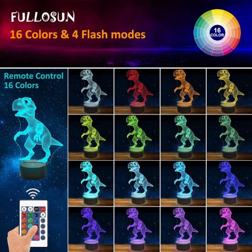  FULLOSUN Dinosaur 3D Night Light, Jurassic Gifts Bedside Lamp for Xmas Holiday Birthday Gifts for Kids Dinosaur Fan with Remote Control 16 Colors Changing + 4 Changing Mode + Dim Function